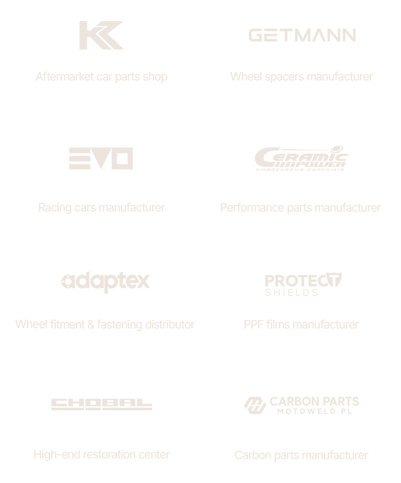 Selected automotive clients including Getmann, Adaptex, Protect Shields, Chobal Restoration, Evolve Motorsport, Ceramic Power, Signature Wheels and Motoweld Carbon Parts