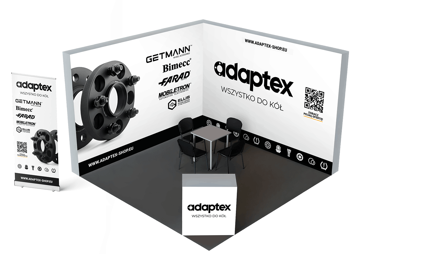 Adaptex wheel fitment catalog, expo booth graphics and motorsport sponsorship branding