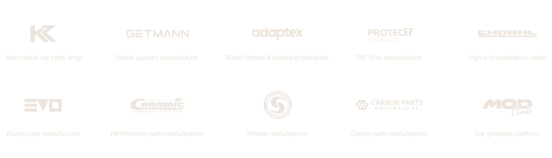 Selected automotive clients including Getmann, Adaptex, Protect Shields, Chobal Restoration, Evolve Motorsport, Ceramic Power, Signature Wheels and Motoweld Carbon Parts